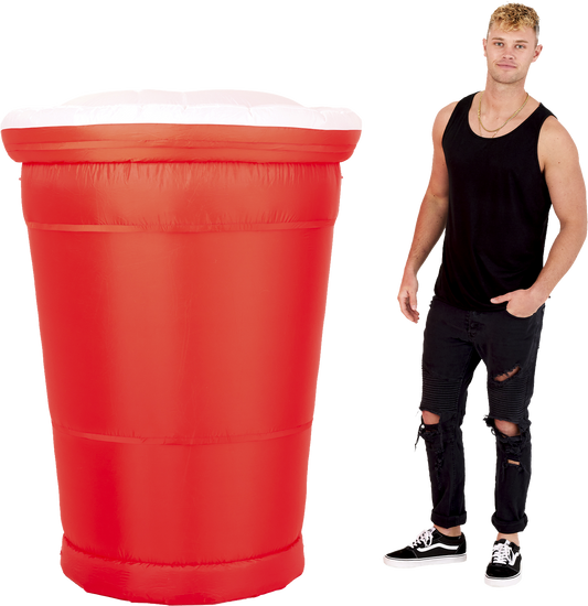 5ft Tall Red Party Cup Blow-Up Decoration Front Side with Person