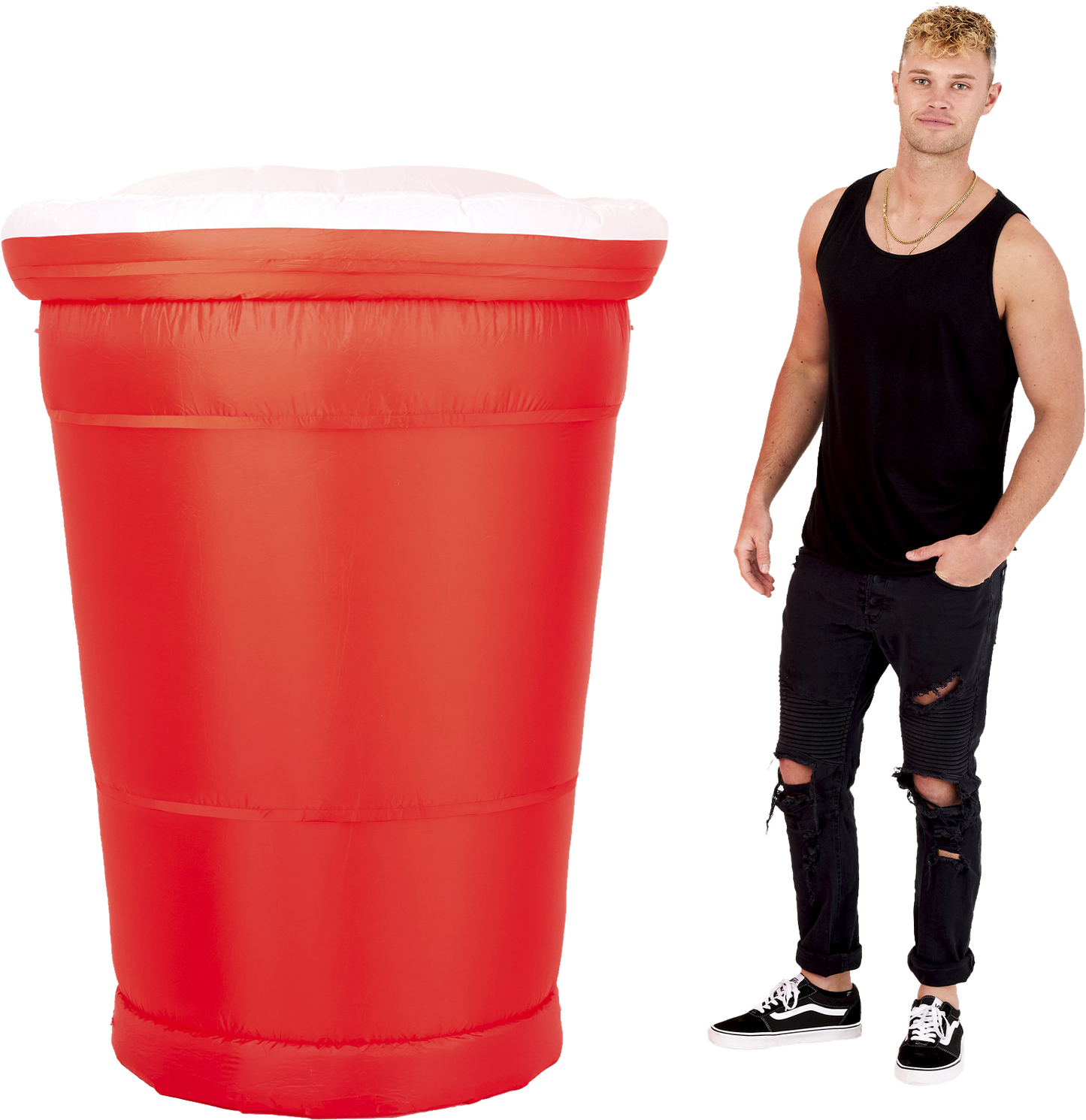 5ft Tall Red Party Cup Blow-Up Decoration Front Side with Person