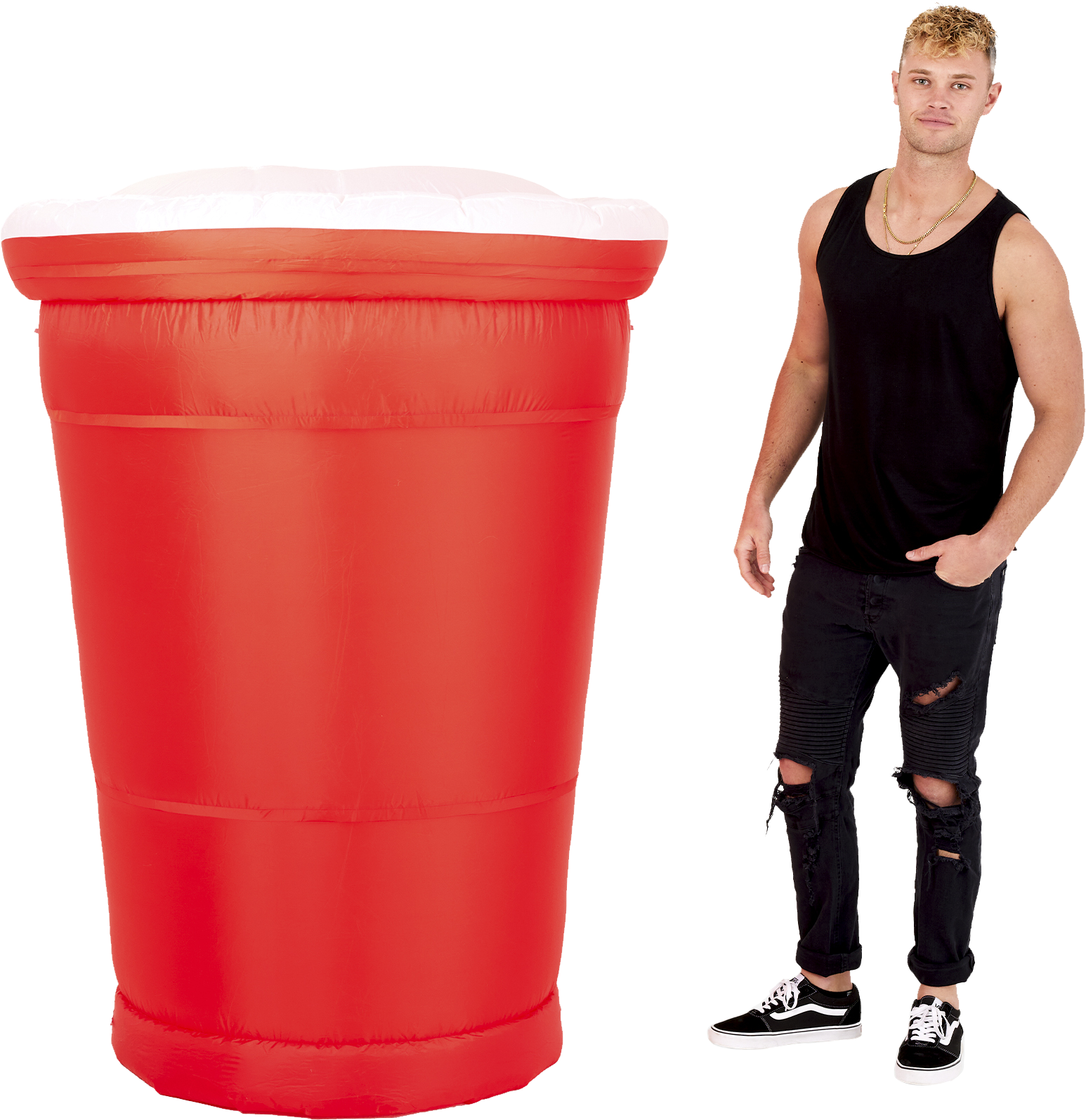 5ft Tall Red Party Cup Blow-Up Decoration Front Side with Person