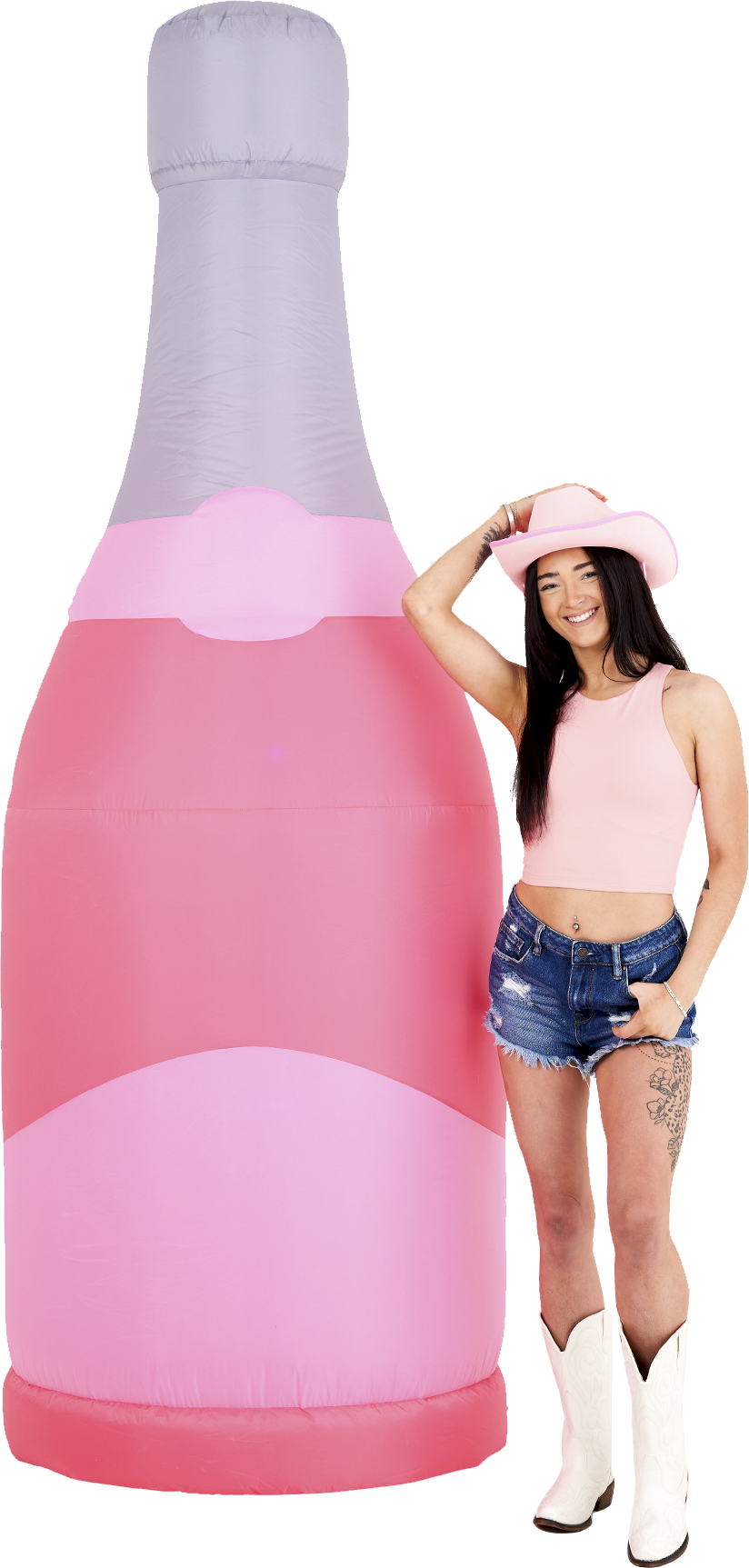 8th Tall Pink Bubbly Champagne Blow-Up Party Decoration Front Side with Person