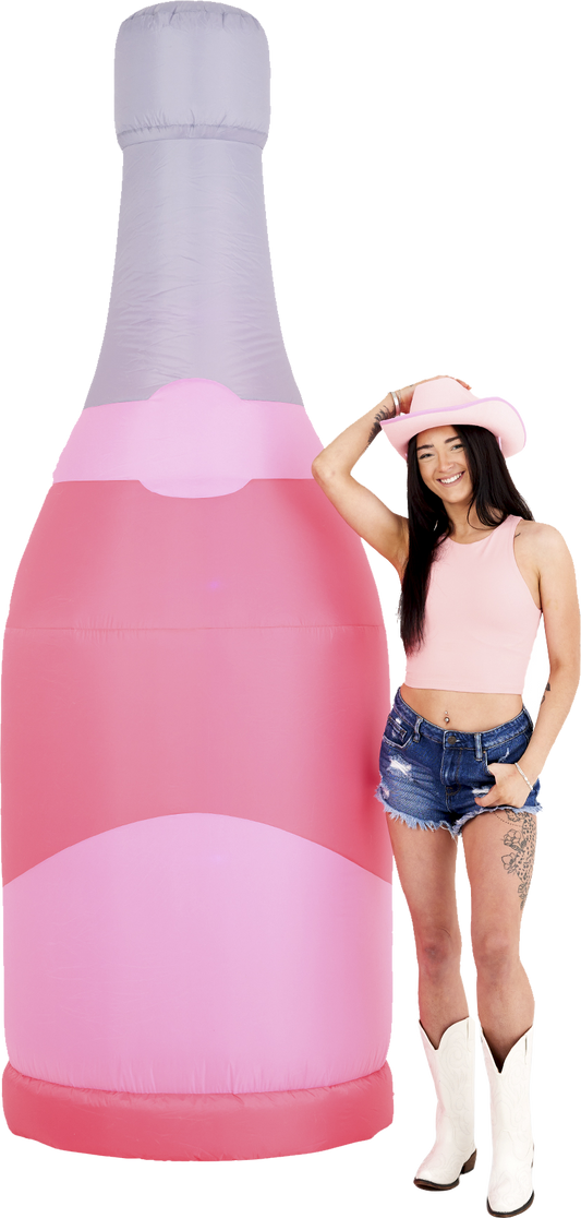 8th Tall Pink Bubbly Champagne Blow-Up Party Decoration Front Side with Person