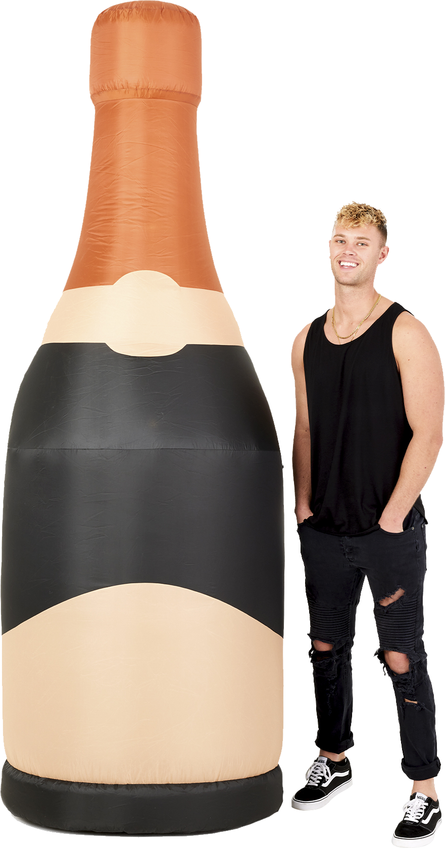 8ft Tall Black Midnight Champagne Blow-Up Party Decoration Front Image with Person